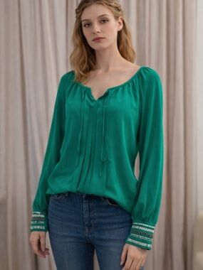 Alfani Emerald Green Long-Sleeve Peasant Blouse with Beaded Cuffs